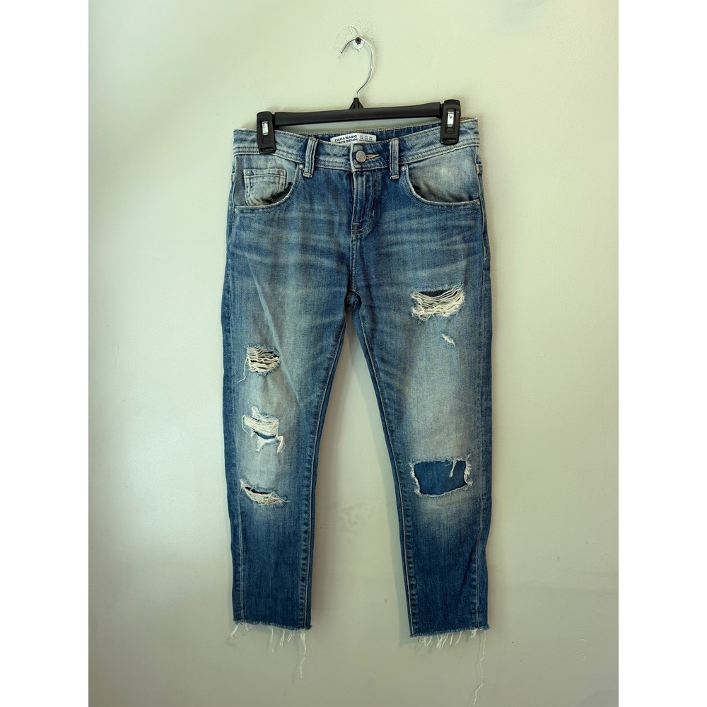 Zara Basic Z1975 Denim Distressed Raw Hem Jeans Medium Wash Low Rise Size 00